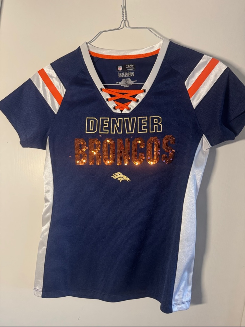 NFL Denver Broncos Navy and Orange Sequin Lace-Up women’s Jersey Top
